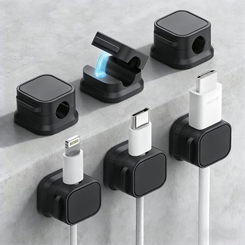 wimprove Magnetic Cable Clips, Cable Holder, Set of 6, Self-Adhesive, Adjustable, Cable Management for Desk, Bedside, Office, USB-C, HDMI, Charging and Audio Cable (Black)