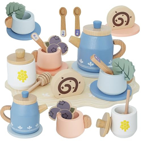 BloomCub Wooden Tea Set for Kids Children Afternoon Tea Party Toy Pretend Role Play Kitchen Accessories Toys Montessori Wooden Toys for 3 4 5 Years Old Girls Boys