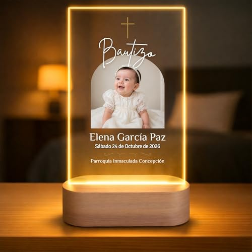 Lámpara personalizada bautizo - Regalo personalizado con foto nombre fecha, recuerdo cristiano bebé, regalo original familia - sin soporte, base iluminada o marco