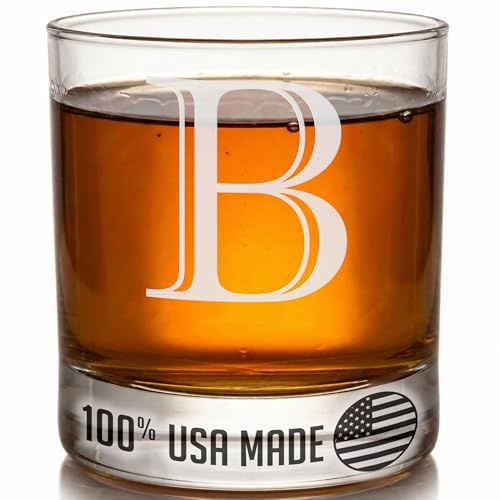 Etched Monogram 325ml Whiskey Rocks Glass (Letter B), A-Z Customised Bourbon Gin Rum Gifts Men, Personalised Whisky Tumbler Glass, Custom Engraved Gifts for Him, Initial, Name, Birthday, Retirement