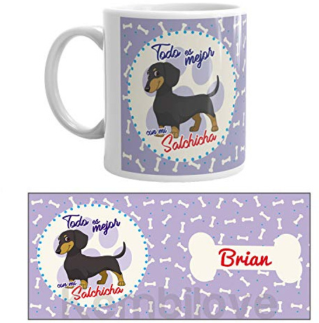 Kembilove Taza de Café de Perro Salchicha Personalizada con nombre – Taza de Desayuno Razas de Perro – Taza de Café y Té Mascota – Taza de Cerámica Impresa – Tazas de perro Salchicha