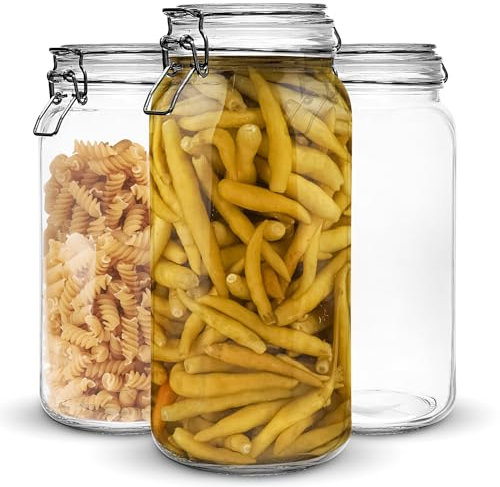 Marbelous Set of 3 Glass Mason Jar 64 Ounces with Airtight Lid Large Jars With Stainless Steel Bail And Trigger Clamps