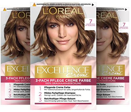 L'Oréal Paris Tinte permanente para el cabello, cobertura 100% de canas, kit de coloración, champú y crema de 3 capas de cuidado, crema Excellence, 7 rubios medios, 3 x 268 g