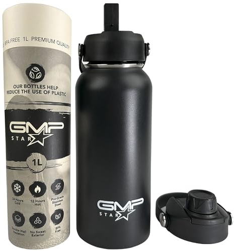 GMP star 18-8 Stainless Steel-Double-Wall Vacuum Insulation Water Bottle for Hot and Cold Drinks with Straw,1 Litre,Black,UK Company