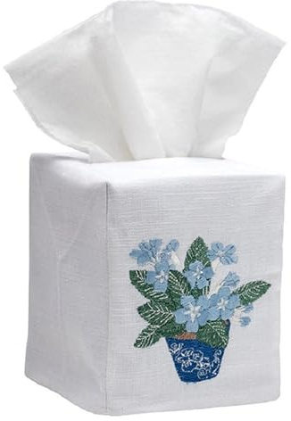 Jacaranda Living Square Tissue Box Cover, Linen/Cotton Fabric Tissue Holder, Decorative Cloth Tissue Cube Cover, Botanical Designs, Cachepot (Duck Egg Blue)