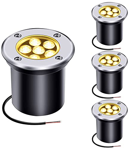 AHOTSUK Set di 4 faretti LED da pavimento, faretti tondi da incasso a pavimento 6W, lampada da terra IP67 antiruggine per vialetto scale giardino (bianco caldo)