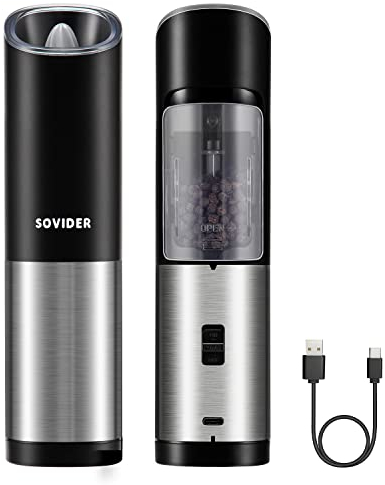 Pfeffermühle Elektrisch, SOVIDER USB-Wiederaufladbare Salz- und Pfeffermühle, Gewürzmühle Elektrische mit LED-Licht, 6-Level Einstellbare Grobheit Pfeffer und Salzmühle für Restaurant, Grillabende