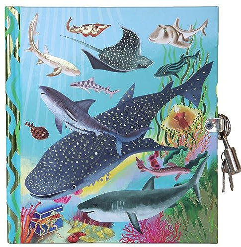 eeBoo: Diario de tiburones y amigos, incluye cerradura y llaves, cubierta de aluminio, 176 páginas a rayas, diario para tomar notas, diario para niños a partir de 6 años