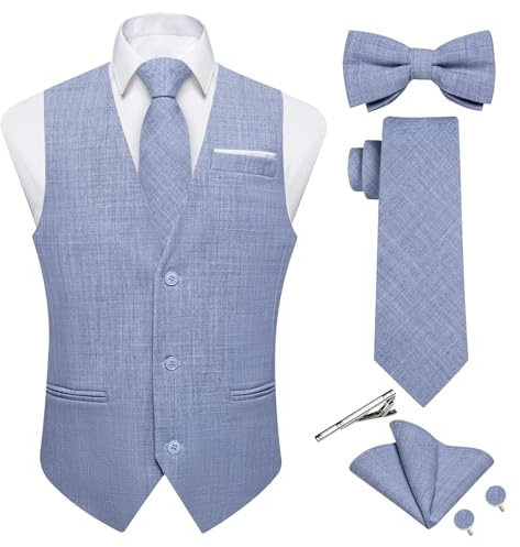 DiBanGu Herren-Anzugweste aus Leinen, legere Weste, Krawatte und vorgebundene Fliege, Set mit 6 Stück, einfarbig, für Hochzeit, Party, Blau, XXX-Large