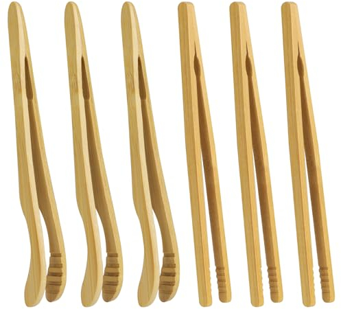 6 Stück Bambus Zange Küchenzangen Toast Küchenzange Grillzange aus Holz Lebensmittel Tee Pinzette Tee-Clip Klein Zuckerzange für Küche Büfett Gebäck Brot Salat Picknick (3 Gerade, 3 Gebogen)