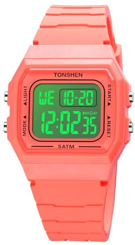 TONSHEN Multifunktionell LED Electron sport digital utomhus plastklocka vattentät nedräkning larm dubbeltidsklockor med gummiband, Orange