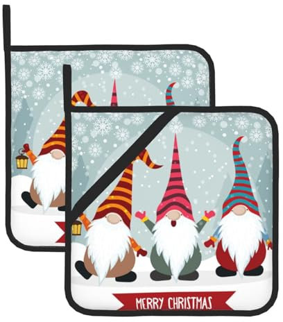 Confezione da 2 presine per cucina, simpatici gnomi natalizi con fiocco di neve, resistenti al calore, con tasche per appenderle, panni per forno a microonde, per cucinare, campeggio, cottura