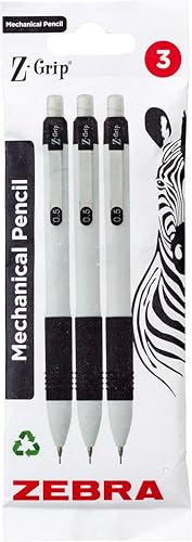 Zebra Pen Z-Grip Mechanical Pencils - Fine Tip Refillable, Retractable Pencil with Eraser and Comfort Grip - 0.5mm, White Barrel, 3 Pack