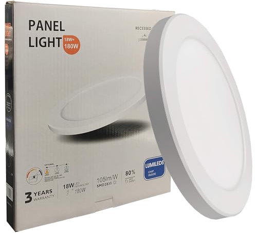 FactorLED Plafón Led Techo Circular Blanco, 18W (180W), 1800Lm, Lámpara Empotrable Ajustable, Opción Superficie y Downlight, Luz Blanca seleccionable 3000K 4000K y 6000K, Ø225x18mm (18, Vatios)