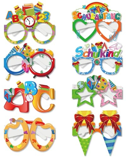 8 Stück Einschulung Deko 2026,Schulanfang Schulkind Brille,Schuleinführung | Tischdeko Geschenke Mädchen Junge Partybrillen,Buchstaben 123-Brille Set,Einschulungsdeko Papier Partybrille,für Kinder Party