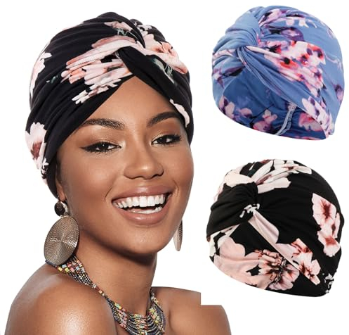 XEPST 2 Stücke Frauen Chemo Hüte Turban Damen Chemotherapie Krebs Hut Vorgebunden Beanie Kopfbedeckung Plissee Mütze Weich Turban Kopfwickel Kappe Haarausfall Hut für Frauen, Schwarz, Seeblau