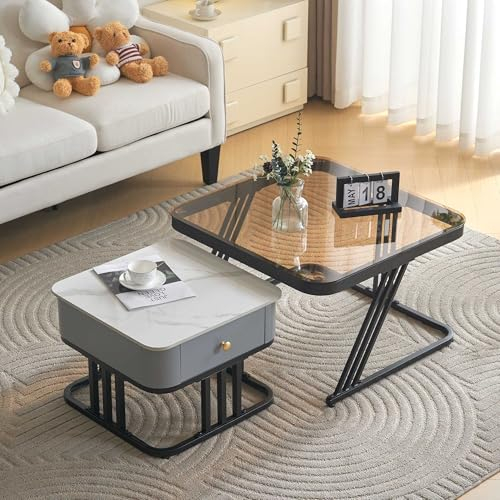NIUAWASA Couchtisch Quadratischer 2er Set, Teal Glas und Marmor Schieferplatte mit Massivholz Schubladen Beistelltisch Wohnzimmertisch Modern Satztische fürs Wohnzimmer Schlafzimmer Balkon