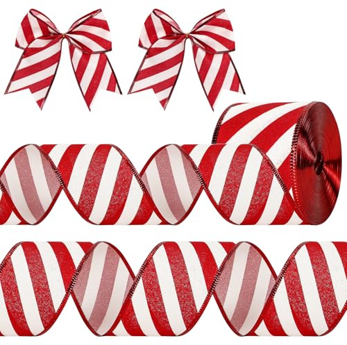 Ruban de Noël à rayures à paillettes avec bords métalliques pour décorations de sapin de Noël, emballage cadeau, fabrication de nœuds, couronnes ou loisirs créatifs, 63 mm x 9 m (rouge et blanc)