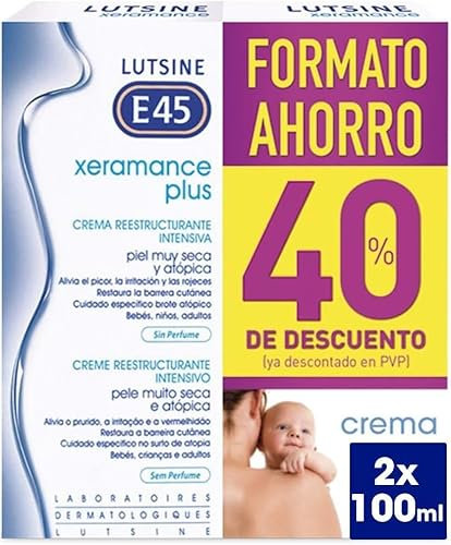Xeramance Lutsine E45 - Crema Reestructurante Intensiva 2x100ml Pack Ahorro 2ªunidad 40% dto. - Crema reparadora para Piel Muy Seca y Atópica – Sin Perfume y Clínicamente probado
