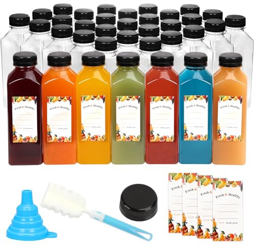 Moretoes 36pcs 16oz Juice Bottles, Plastic Bottles with Lids, Reusable Clear Containers for Juice, Smoothies, Cola, Water and Other Beverages