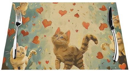 Set di 4 tovagliette resistenti al calore, motivo gattino che cammina felice, antiscivolo, in PVC, 45 x 30 cm, per tavolo da pranzo decorativo