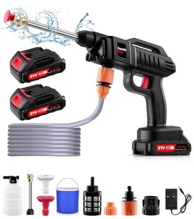 Akku Hochdruckreiniger,21V 60Bar Mobiler Hochdruckreiniger,Hochdruckpistole mit 2 Akkus3-in-1 Düse,5m Schlauch,Tragbarer Hochdruckreinigers für Auto Terrasse Fenster