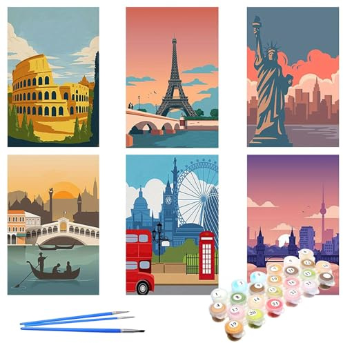 ELLECILA Paint by Number for Adults and Beginner, 6 Pcs Painting by Number Kits On Canvas, Watercolor Oil Painting Craft Art, Without Frame DIY Color Oil Painting for Gift and Home Wall Decor 8x12 in