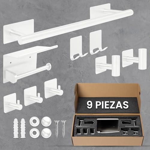 ORZAC® Accessori Bagno senza trapano - Set di 9 pezzi con portasciugamani da bagno senza trapano, ganci adesivi resistenti e ganci adesivi da parete (bianco)