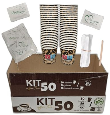 Kit de 50 tazas de café de papel de 75 ml, 50 paletas de café desechables, 50 bolsitas de azúcar de alta calidad – Juego de tazas – Fabricado en Italia – Ideal para monodosis de café Borbone ideal