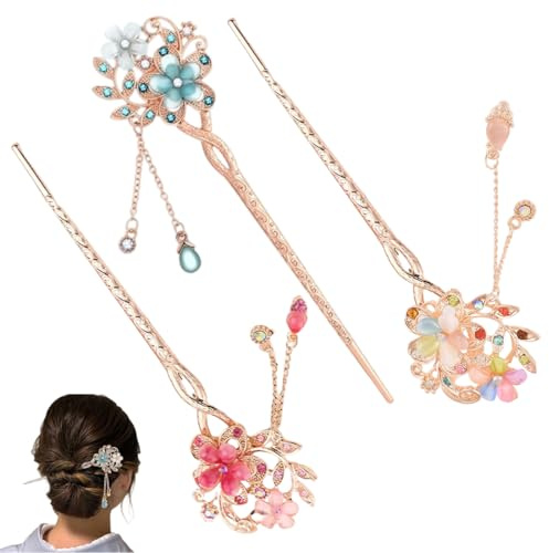 YAPKOLV 3 Pezzi Vintage Bacchette per Capelli Opale Fiore Bastoncini per Capelli Decorazione Capelli Fermaglio Tradizionale Cinese