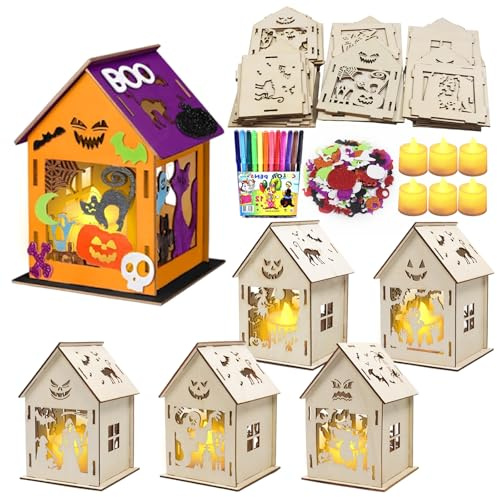 Bricolage Halloween Enfant, 6 Pièces Maison en Bois Lumineuse Decoration Halloween, Kits de Maison Hantée à Assembler avec LED, Bricolage Activités Automne pour Enfants Décoration Fête d'Halloween