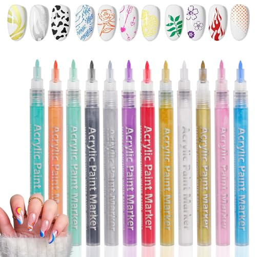 Nail Art Pens, 12 Assorted Colours, 0.7 mm Fine Tip Nail Art Kit Set | Clear Barrels For Easy Colour Identification, Draw Lines, Dots, Lettering And Small Patterns, For Home Manicures And Salons