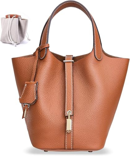 HXY Ladies Handbag - Brown Leather Bucket Bag, 31 cm, Women's Office & School Travel Handbag with 4 Compartments & Glitter Feature