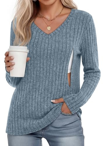 Sweetyweee Women's Maternity Nursing Tops, V Neck Breastfeeding Sweaters Long Sleeve Hidden Zipper Shirts(Blue,Medium)