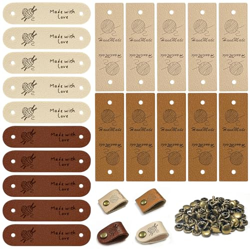Jiaoshou Pan 20 Stück Handmade Label mit Nieten, PU Lederetiketten | Lederetiketten Handmade zum Annähen mit Löchern, Handgemachte Kunstleder Label für Häkeln Stricken Kleidung Taschen