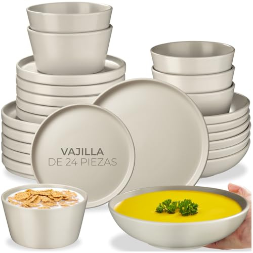 tectake® Servicio Combinado para 6 Personas, Juego Vajilla Estilo Urbano, Gres Esmalte, Lavavajillas y Microondas, Vajillas Completas Modernas, Cuencos Ceramica - 24 Piezas Gris Topo
