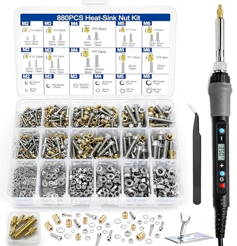 880 Piezas Kit Insertos Roscados, 80W Soldador Control de Temperatura Digital 180°C-500°C, Insertos de Tuercas M2/M3/M4/M5/M6 para Componentes de Impresión 3D y Piezas de Plástic