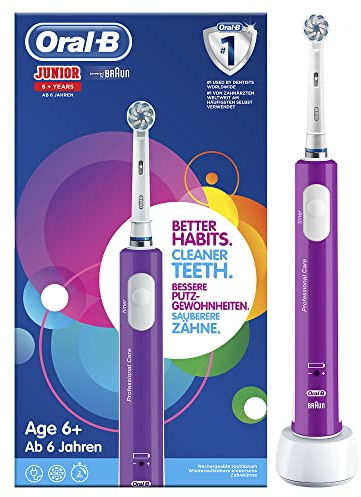Oral-B Junior Elektrische Zahnbürste/Electric Toothbrush für Kinder ab 6 Jahren, weiche Borsten & Timer, Designed by Braun, lila