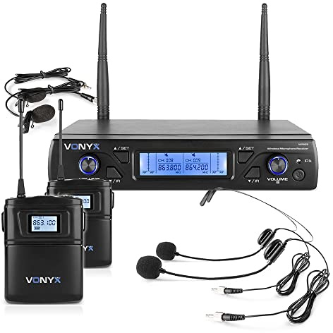 VONYX WM62B 2-Channel UHF Wireless Microphone System with Selectable Frequencies, Headset and Lapel Mic, XLR and 6.3mm Outputs for Presentations, Events and Performances