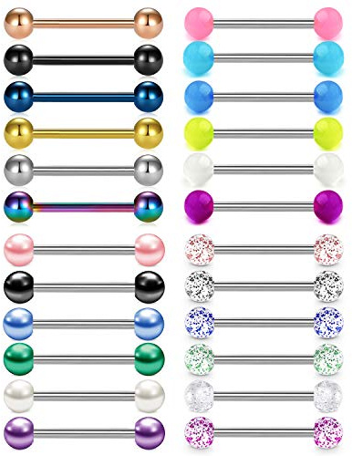 Rajnard Piercing Lingua Capezzolo 24pcs 14G 16mm Acciaio Chirurgico con Brillantini Palla Perla Luminosa Piercing Gioielli Donne Ragazze