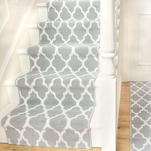 Modern Grey Geometric Trellis Stair Carpet Cream Cheap Durable Stair Runner Rug Custom Length Width - Sold and Priced Per Foot 2' x 26'
