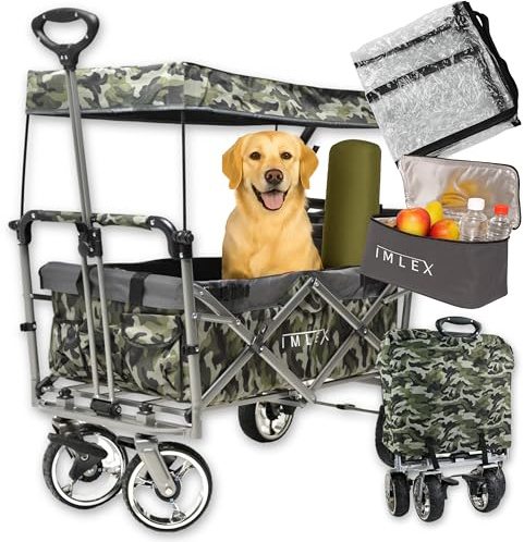 IMLEX Bollerwagen faltbar mit Dach IM-4268 mit passendem Zubehör (Camouflage, Mit Regenschutz + Kühltasche)