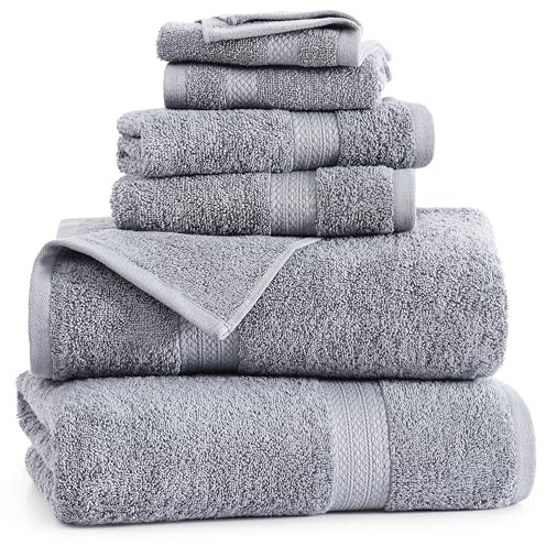 LANE LINEN 100% Cotton Turkish Towel Set for Bathroom - 6 Piece - Super Soft, Quick Dry & Highly Absorbent - 2 Bath, 2 Wash cloths, 2 Hand Towels - Hotel Quality, Durable & OEKO-TEX Certified - Grey