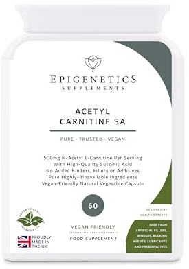 Acetyl Carnitine SA | 500mg N-Acetyl L-Carnitine Amino Acid + Succinic Acid Natural Antioxidant | 60 Vegan Capsules UK Made | 1 Capsule Daily (2 Month Supply)