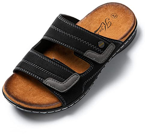 JOMIX Sandales Homme en Cuir Chaussures de Plage Tongs Hommes Chaussons d'été Confortables pour Maison Piscine Mer Douche (Noir, 42)