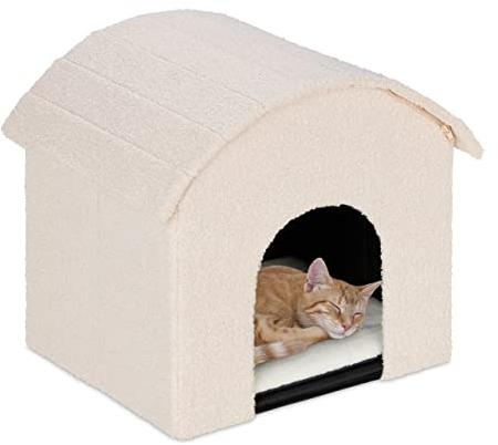 Relaxdays Katzenhöhle, faltbar, flauschig, Katzen Schlafplatz mit Kratzfläche, HBT: 44 x 48 x 41 cm, Katzenhaus, beige