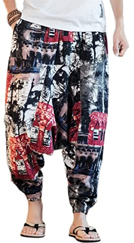 perdontoo Mens Casual Harem Pants Fancy Print Wide Leg Baggy Trousers (Color 10, S)