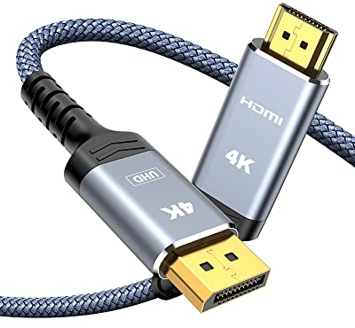 Highwings 4K DisplayPort auf HDMI Kabel 1.8M, DP auf HDMI Verbindungskabel Unidirektionaler Nylon Geflochtener DisplayPort zu HDMI für Monitor, TV, Projektor, Laptop, PC, AMD, NVIDIA