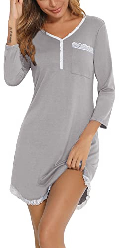 Maglie Pigiama con Pizzo da Donna, Camicie da Notte in Cotone, Comodo Abbigliamento da Notte per tutte Stagione,3/4 Maniche-Grigio Leggero/L