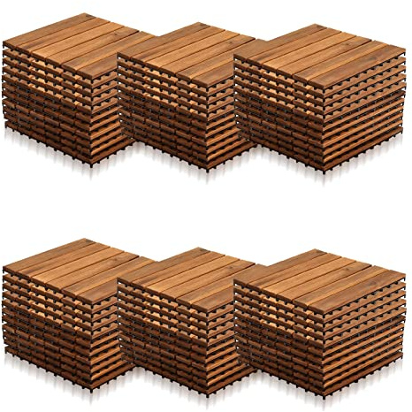 Yakimz Holzfliesen 66er| aus Akazien Holz| 30 × 30cm| 1 m² pro bodenfliesen|Outdoor & Indoor Bodenbelag Balkon mit Drainagensystem & Klicksystem, Braun